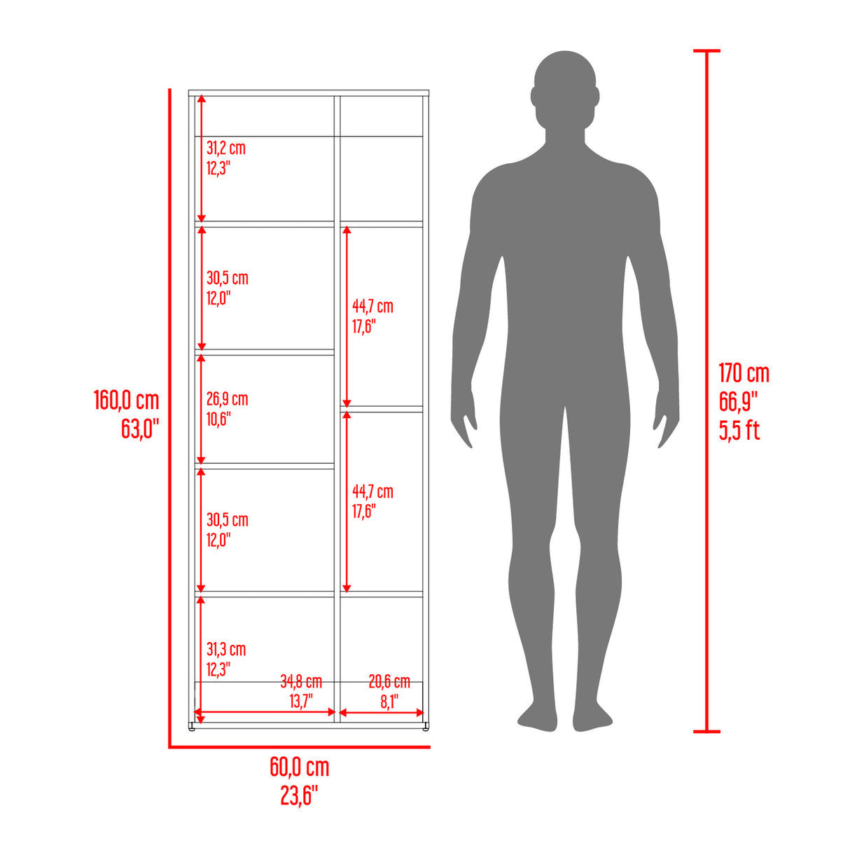 Biblioteca Rookie Bardolino 60x160cm Rectangular con Siete Entrepaños - BIBLIOTECAS Y ESTANTERIAS | Bylmo