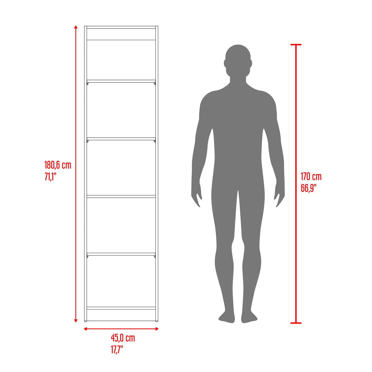 Estantería Upton Nogal y Toquilla 45x180.6cm Rectangular con Cuatro Entrepaños - BIBLIOTECAS Y ESTANTERIAS | Bylmo