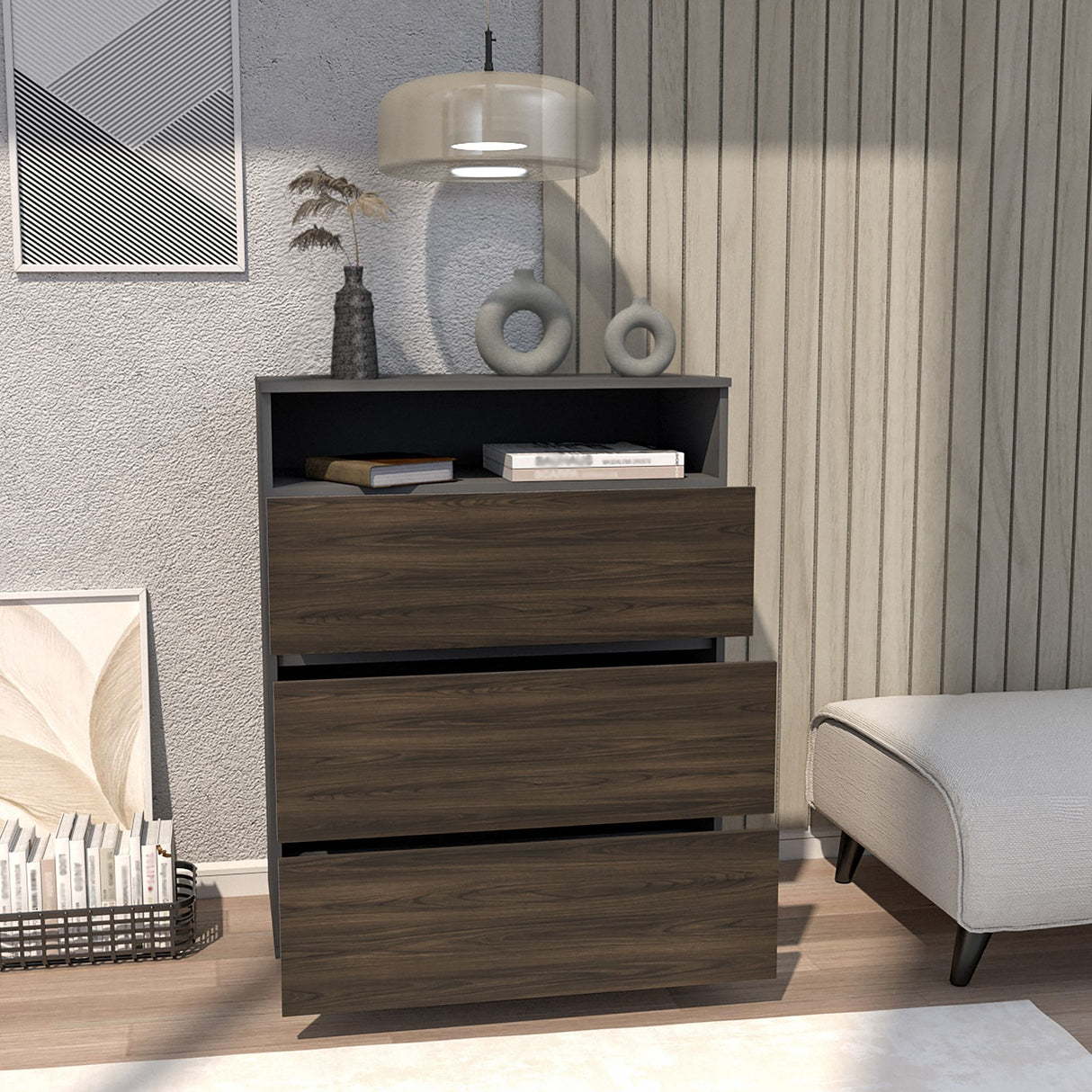 Cajonera Houck Plomo y Nogal 80x102.3cm de Tres Hileras con Tres Cajones - CAJONERAS Y COMODAS | Bylmo