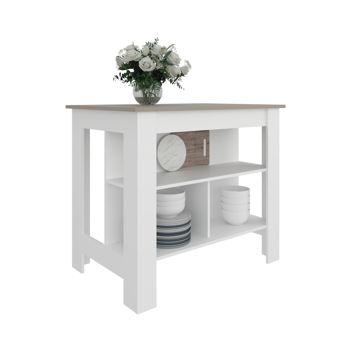 Isla de Cocina Burton Blanco y Taupe 103x90cm con Tres Compartimientos - BARRAS Y MUEBLES AUXILIARES | Bylmo