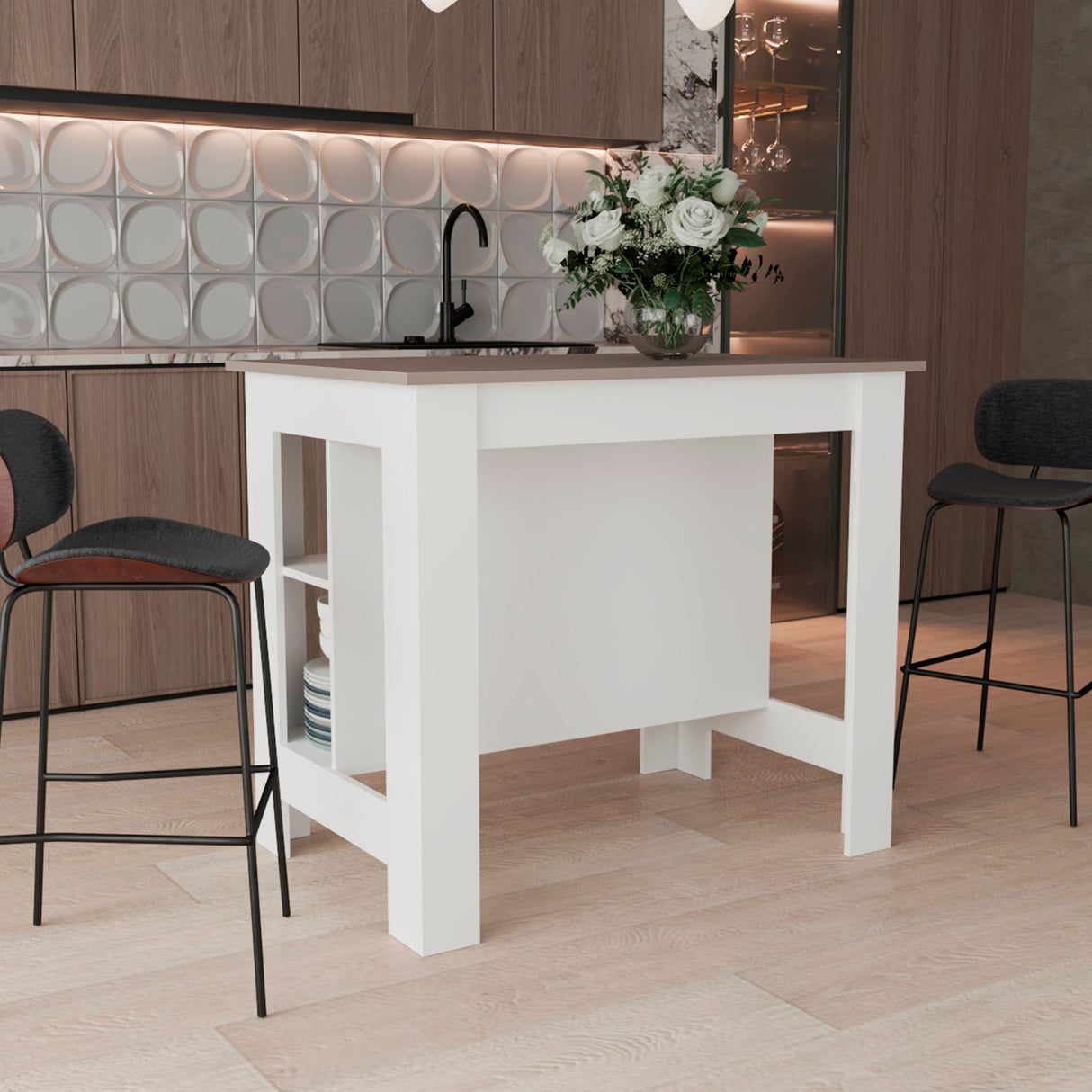 Isla de Cocina Burton Blanco y Taupe 103x90cm con Tres Compartimientos - BARRAS Y MUEBLES AUXILIARES | Bylmo