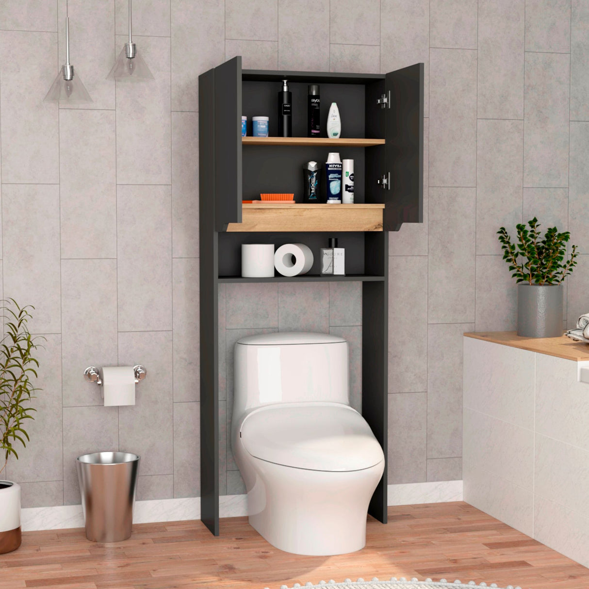 Ahorrador de Espacio para Baño Laurent Plomo y Duna 63.1x160cm con Dos Entrepaños y con Patas - OTROS MUEBLES PARA BANHO | Bylmo