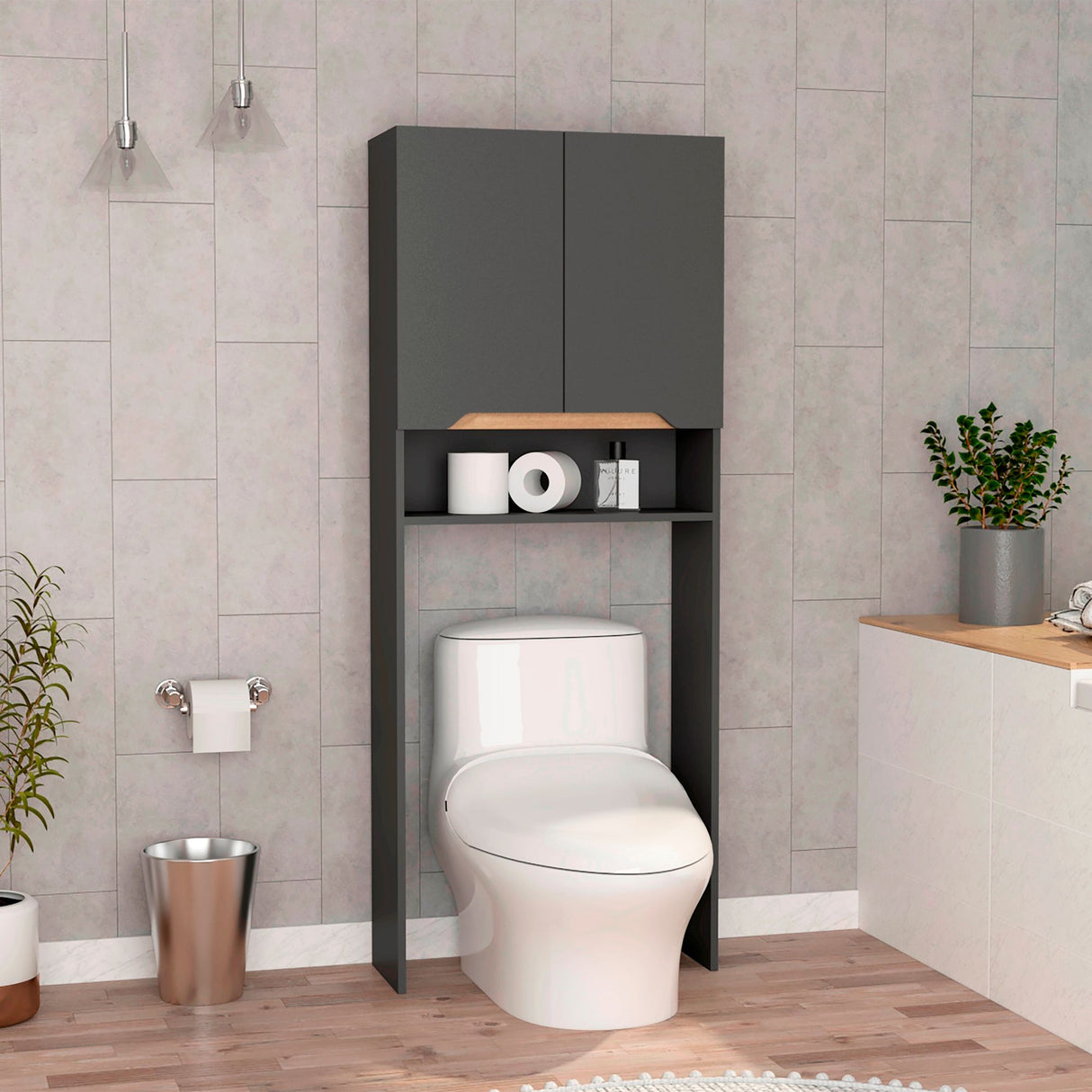 Ahorrador de Espacio para Baño Laurent Plomo y Duna 63.1x160cm con Dos Entrepaños y con Patas - OTROS MUEBLES PARA BANHO | Bylmo