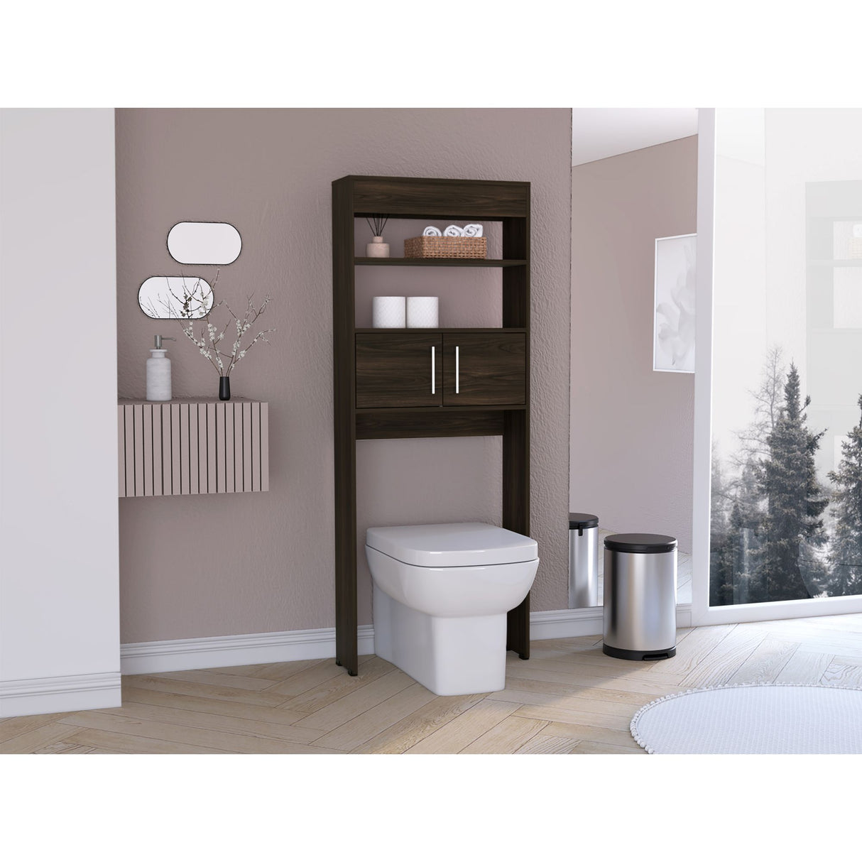 Ahorrador de Espacio para Baño Madrid Nogal y Blanco 62.4x160cm con Tres Entrepaños y con Patas - OTROS MUEBLES PARA BANHO | Bylmo