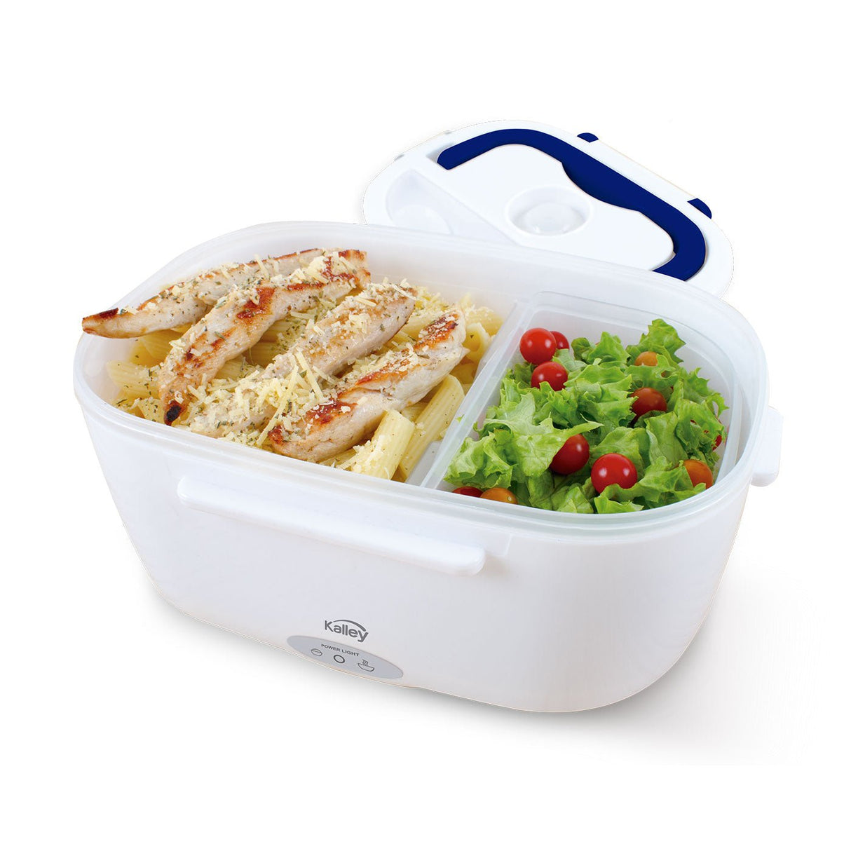 Lonchera Eléctrica Kalley Blanco y Azul 23.2x10cm De 1.1 Litros con Dos Compartimientos y con Tapa Hermética - LONCHERAS ELECTRICAS | Bylmo