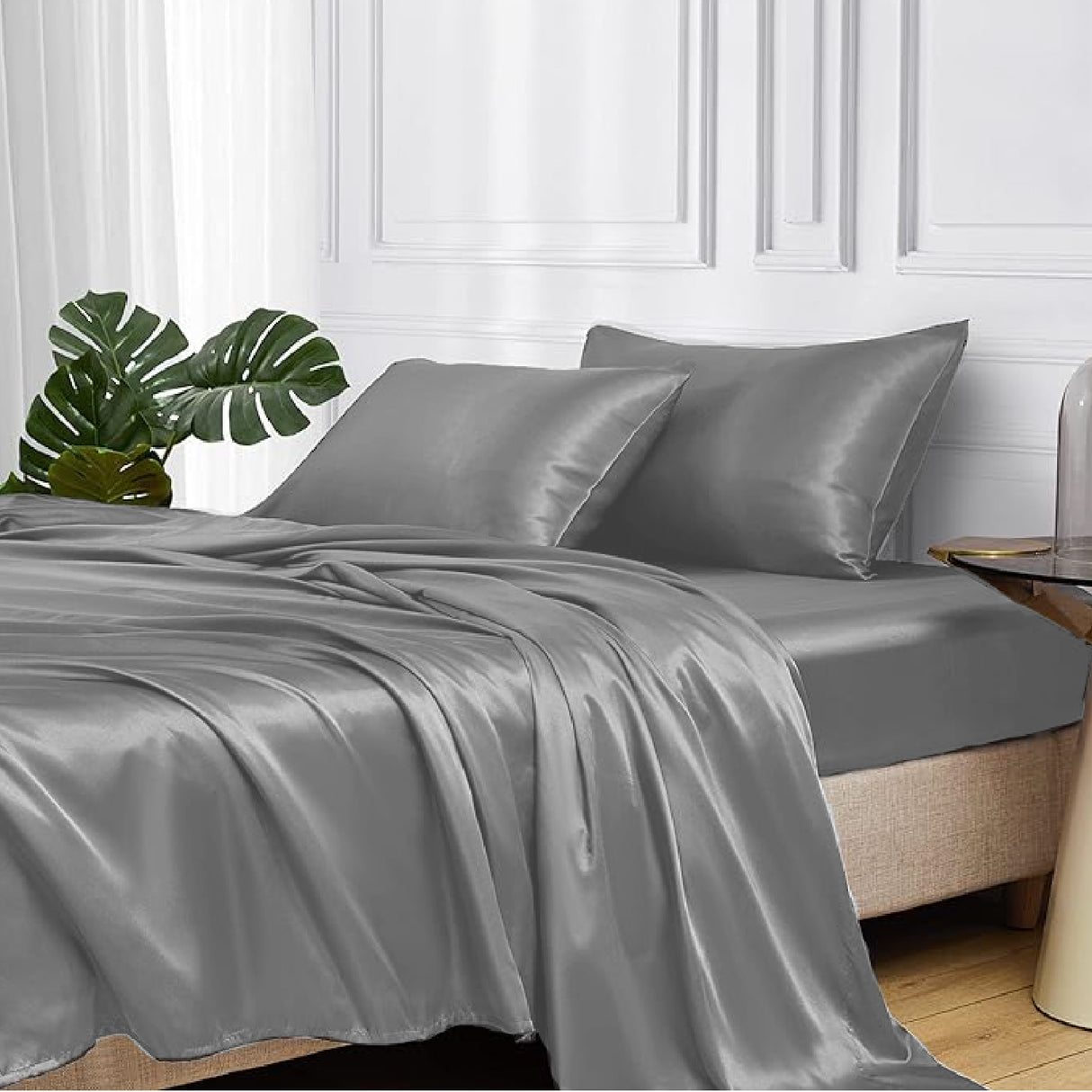 Juego de Sabanas de Satín Gris Oscuro 140x190cm 300 Hilos con Dos Sábanas y Dos Fundas de Almohada - SABANAS | Bylmo