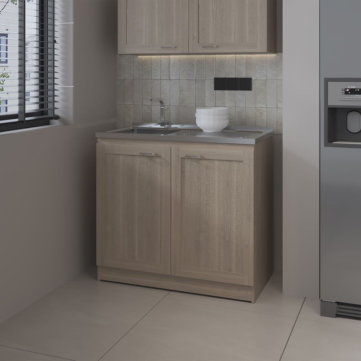 Mueble Inferior de Cocina Zurich Bardolino 98.5x52.5cm con Mesón de Acero Inoxidable y con Pozuelo para Lado Izquierdo - MUEBLES INFERIORES DE COCINA | Bylmo