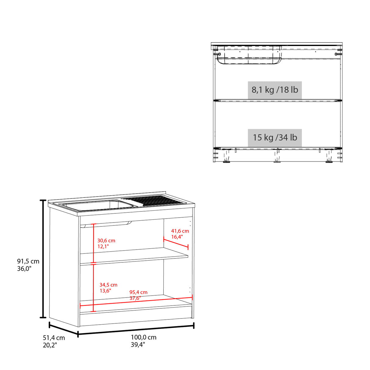 Mueble Inferior de Cocina Zurich Bardolino 98.5x52.5cm con Mesón de Acero Inoxidable y con Pozuelo para Lado Izquierdo - MUEBLES INFERIORES DE COCINA | Bylmo