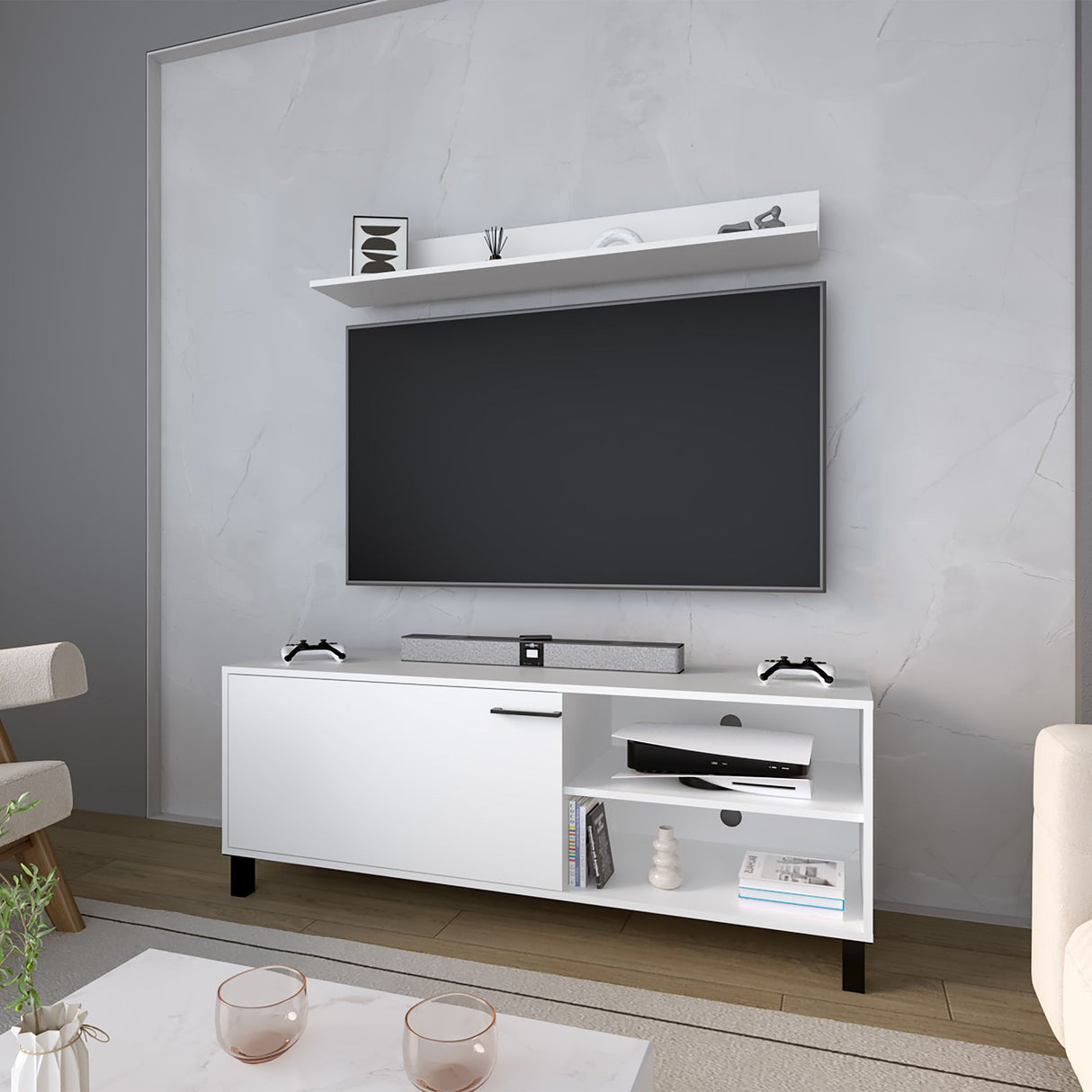 Mesa para TV Bryce Blanco 140x53cm Pata TV Hasta 60 Pulgadas con Tres Compartimientos - MUEBLES DE TV | Bylmo