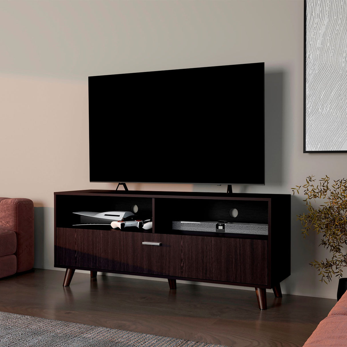 Rack de TV Patrick Wengue 139x59cm Pata TV Hasta 60 Pulgadas con Cuatro Compartimientos - MUEBLES DE TV | Bylmo