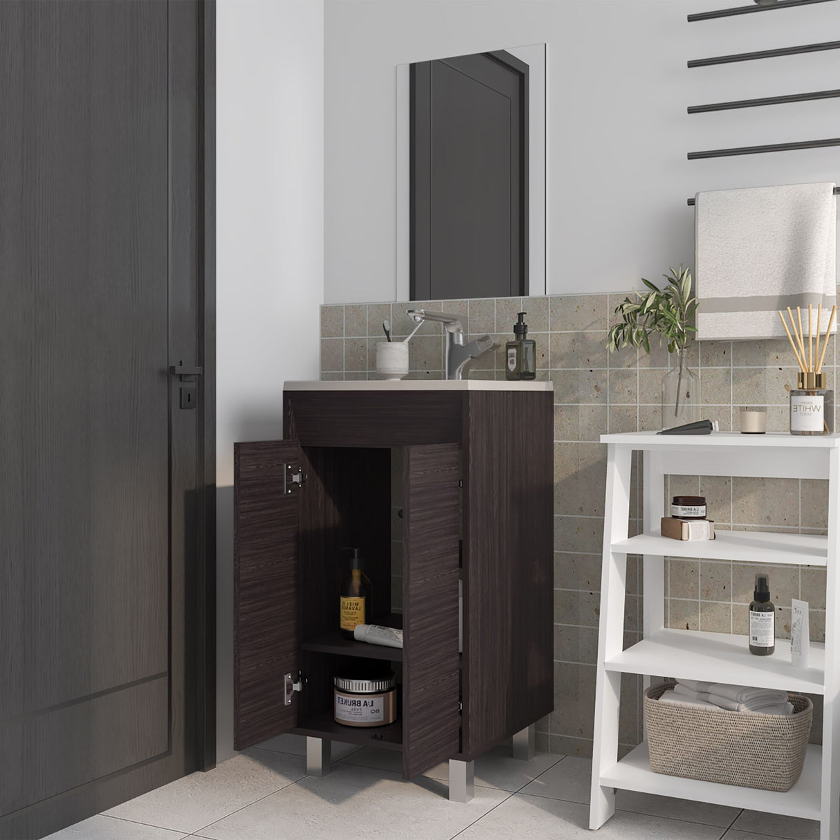 Set Mueble para Lavamanos con Espejo Brady Wengue 45x84.4cm Individual con Lavamanos - MUEBLES PARA LAVAMANOS | Bylmo