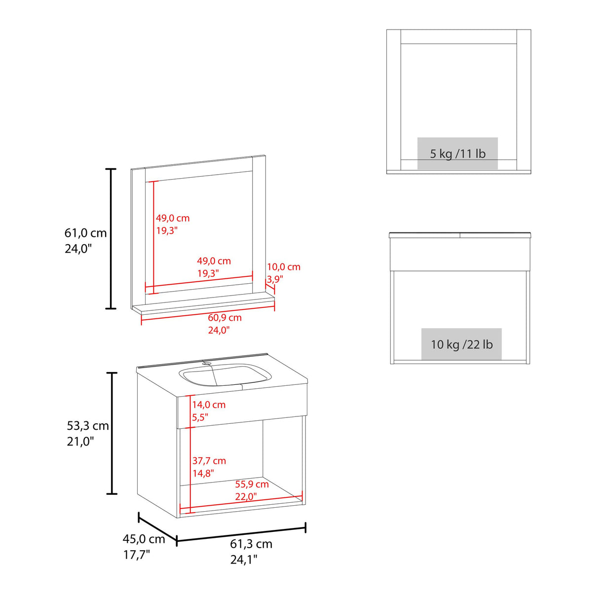 Set Mueble para Lavamanos con Espejo Flotante Blake Wengue 61.3x53.3cm Individual con Lavamanos - MUEBLES PARA LAVAMANOS | Bylmo