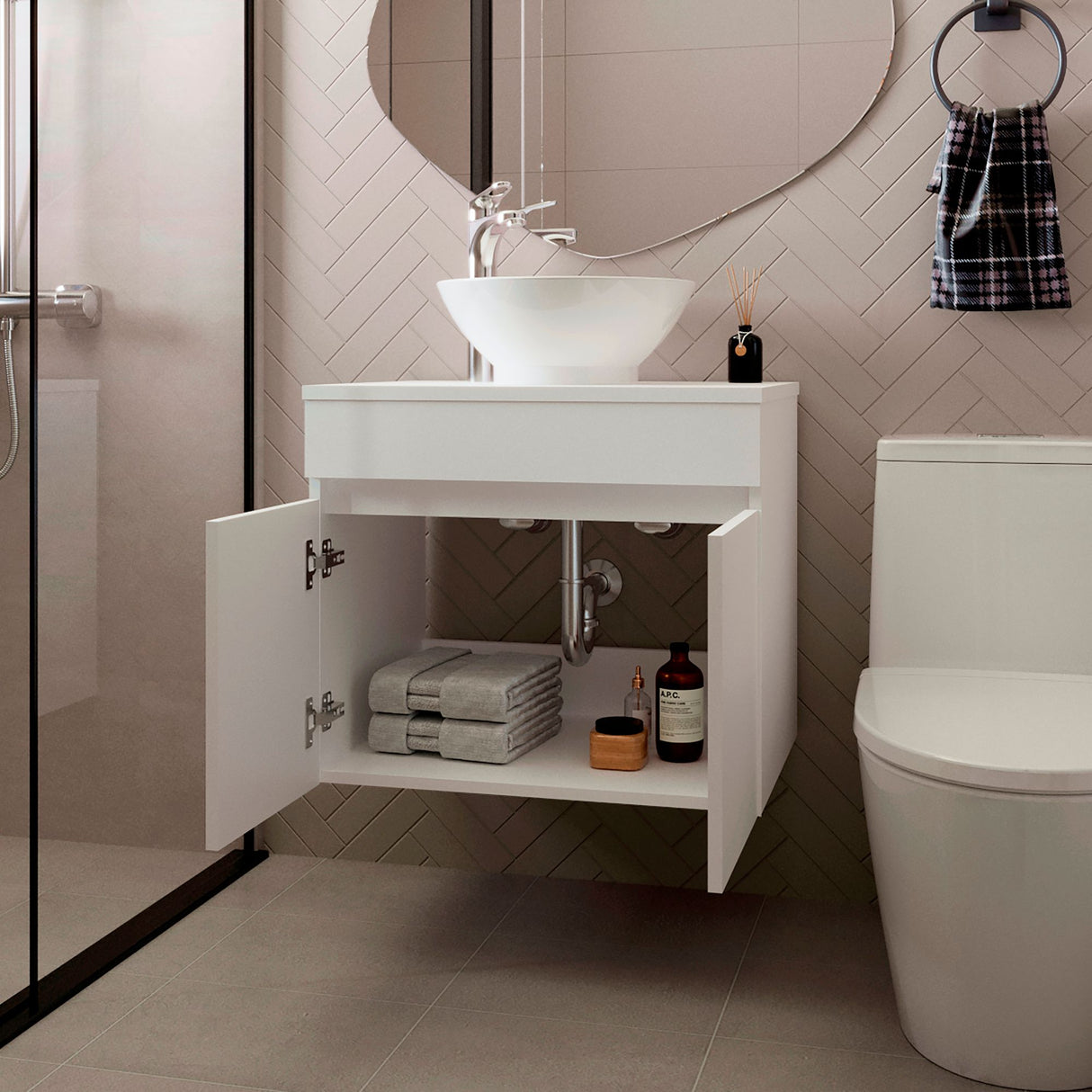 Mueble para Lavamanos Manchester Blanco 59.5x51.8cm Individual Flotante con Lavamanos Vessel y sin Cajones - MUEBLES PARA LAVAMANOS | Bylmo