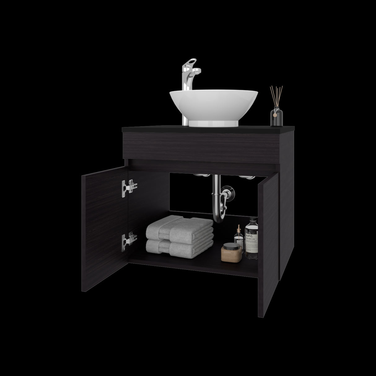 Mueble para Lavamanos Manchester Wengue 59.5x51.8cm Individual Flotante con Lavamanos Vessel y sin Cajones - MUEBLES PARA LAVAMANOS | Bylmo