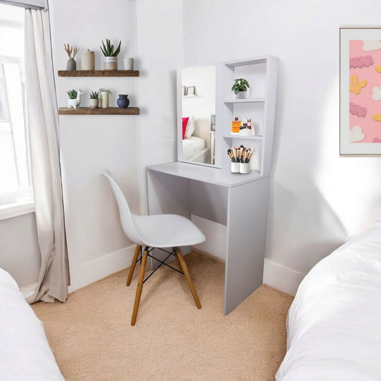 Combo Tocador Mallorca Blanco 70x140cm De Un Puesto con Espejo y con Una Silla - TOCADORES | Bylmo