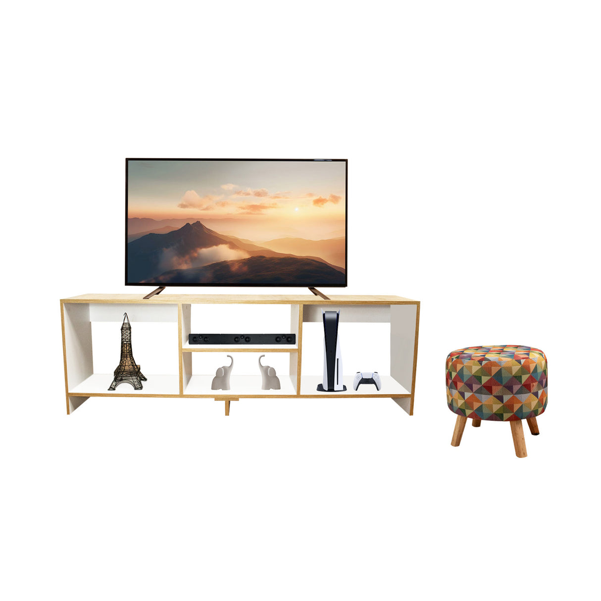 Combo Mueble de TV con Puff Eco Plus Fresno 150x50cm Para TV Hasta 65 Pulgadas con Cuatro Compartimientos - MUEBLES DE TV | Bylmo