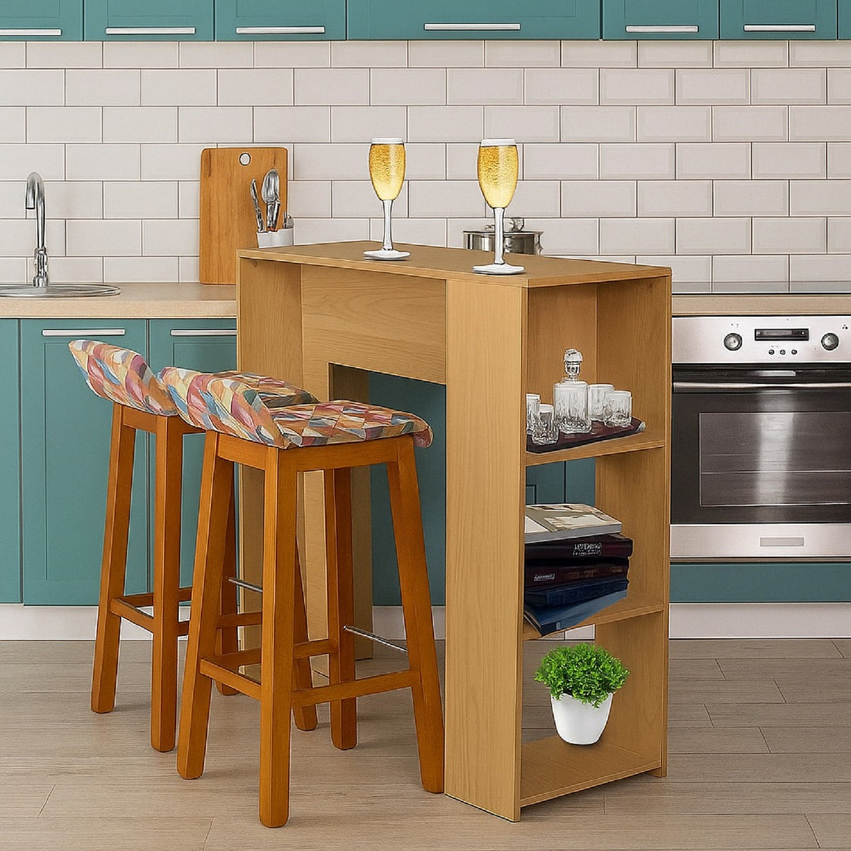 Combo Barra de Cocina Madrid Fresno y Colors 100x101cm con Tres Entrepaños y con Dos Sillas Bar - BARRAS Y MUEBLES AUXILIARES | Bylmo