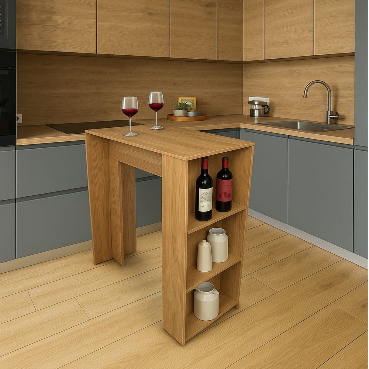 Combo Barra de Cocina Madrid Fresno y Madera 100x101cm con Tres Entrepaños y con Dos Sillas Bar - BARRAS Y MUEBLES AUXILIARES | Bylmo