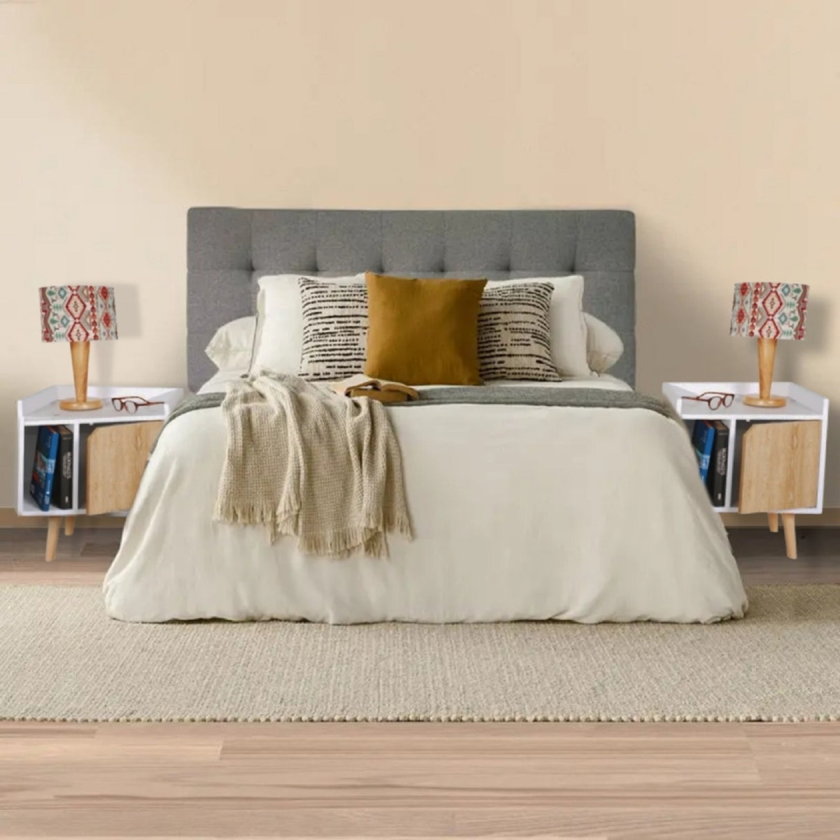 Combo Cabecero Dreams Gris y Blanco 140x60cm Abullonado para Cama Doble con Dos Mesas de Noche - CABECEROS | Bylmo