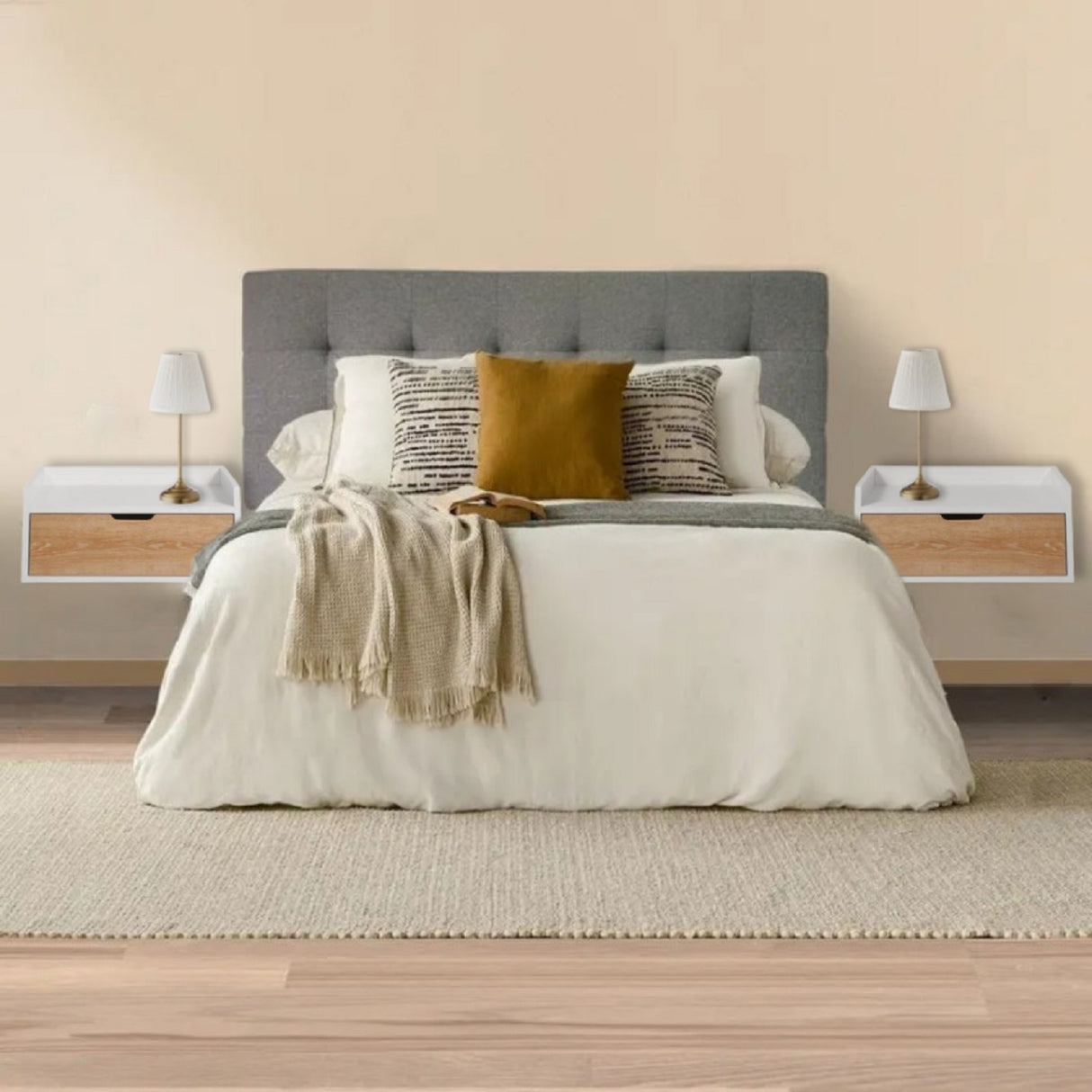 Combo Cabecero Gris 140x60cm Abullonada para Cama Doble con Dos Mesas de Noche - CABECEROS | Bylmo