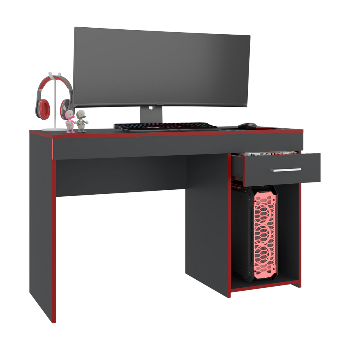 Escritorio Gamer Ibare Plomo y Rojo 120x75cm con Un Cajón - ESCRITORIOS | Bylmo