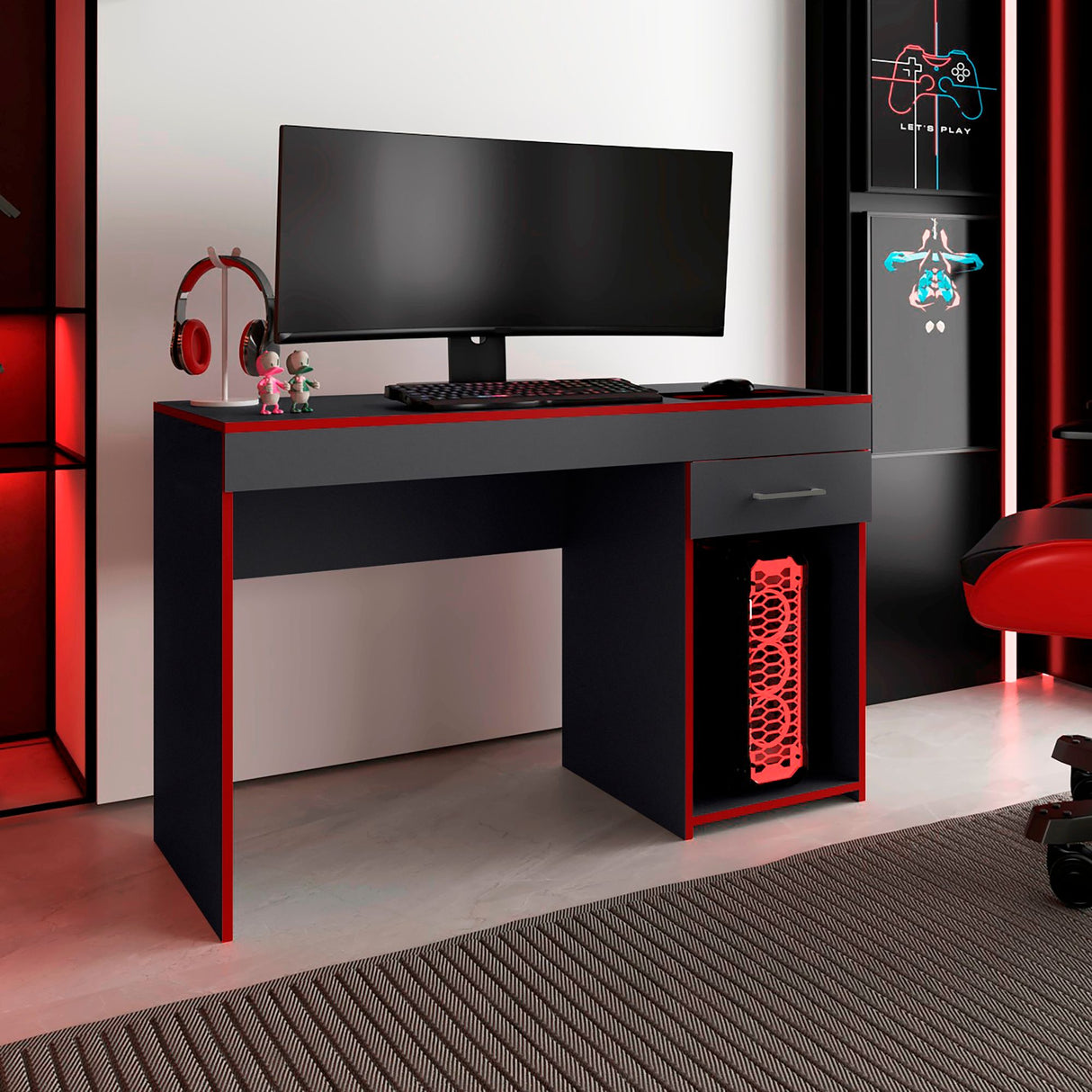 Escritorio Gamer Ibare Plomo y Rojo 120x75cm con Un Cajón - ESCRITORIOS | Bylmo