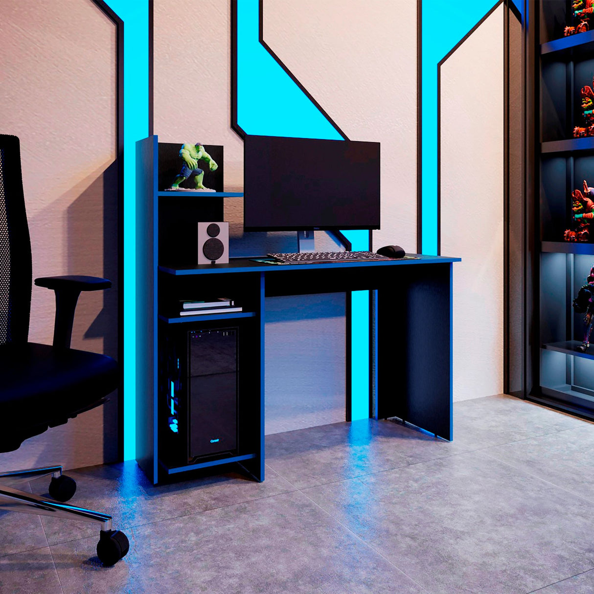 Escritorio Gamer Vilna Wengue y Azul 120x120.6cm sin Cajones - ESCRITORIOS | Bylmo