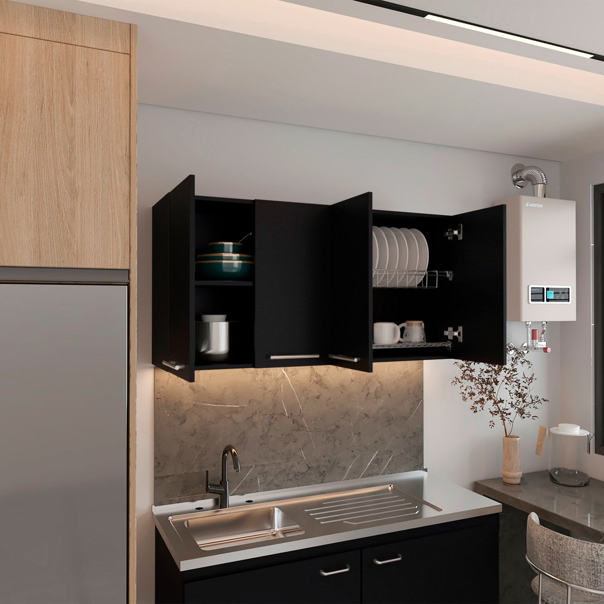 Gabinete de Cocina Bazagli Wengue 120x60cm Con Cuatro Cajones cn Espacio para Extractor y con Locero - MUEBLES SUPERIORES DE COCINA | Bylmo