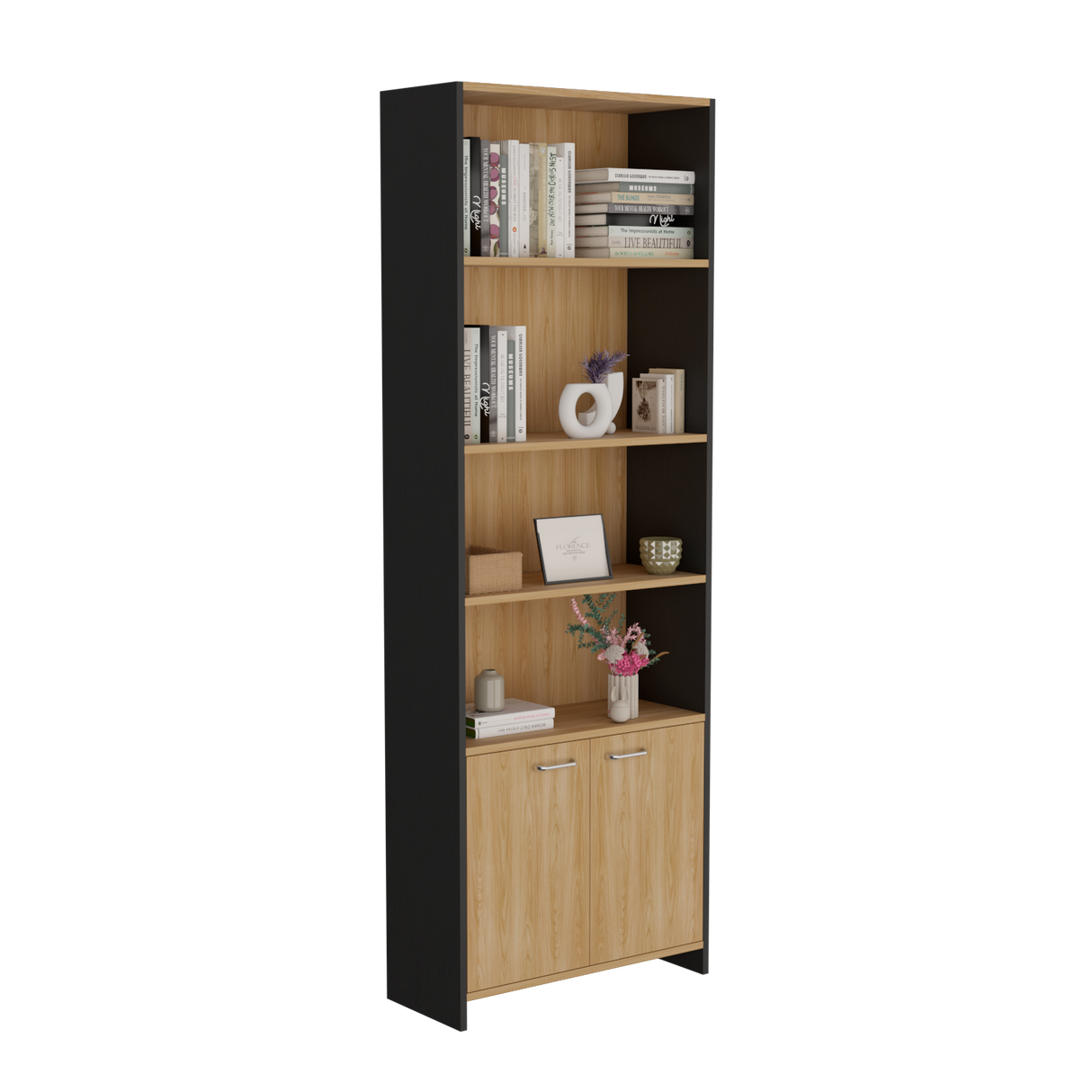 Biblioteca Lisa Fresno y Wengue 63x180.6cm Rectangular con Dos Puertas con Cinco Compartimientos y con Cuatro Entrepaños - BIBLIOTECAS Y ESTANTERIAS | Bylmo