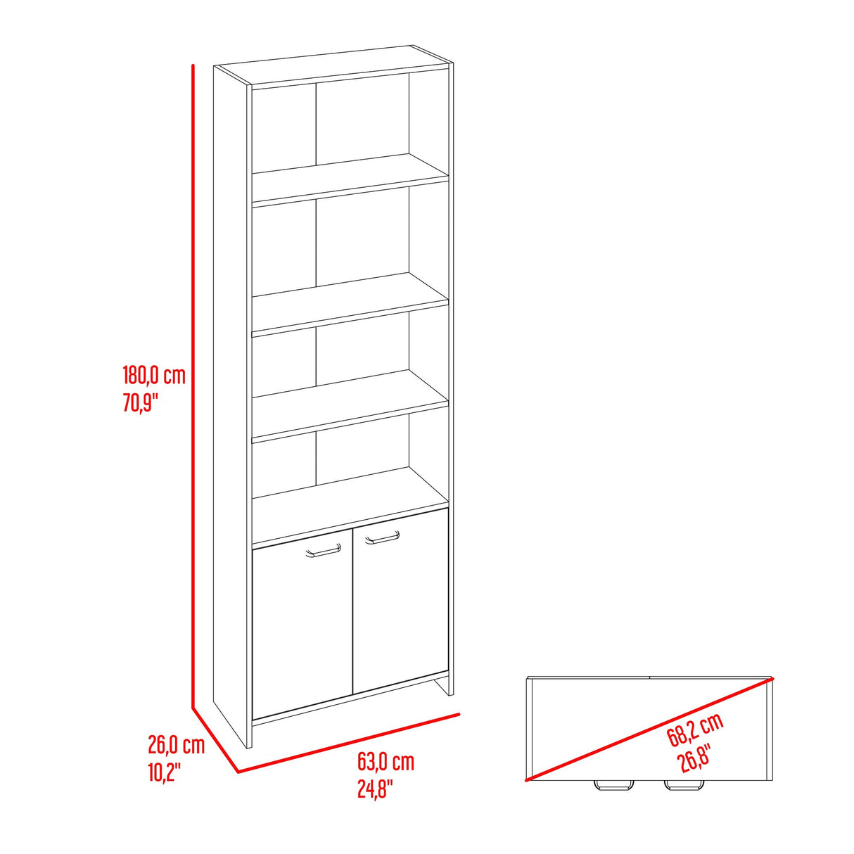 Biblioteca Lisa Fresno y Wengue 63x180.6cm Rectangular con Dos Puertas con Cinco Compartimientos y con Cuatro Entrepaños - BIBLIOTECAS Y ESTANTERIAS | Bylmo