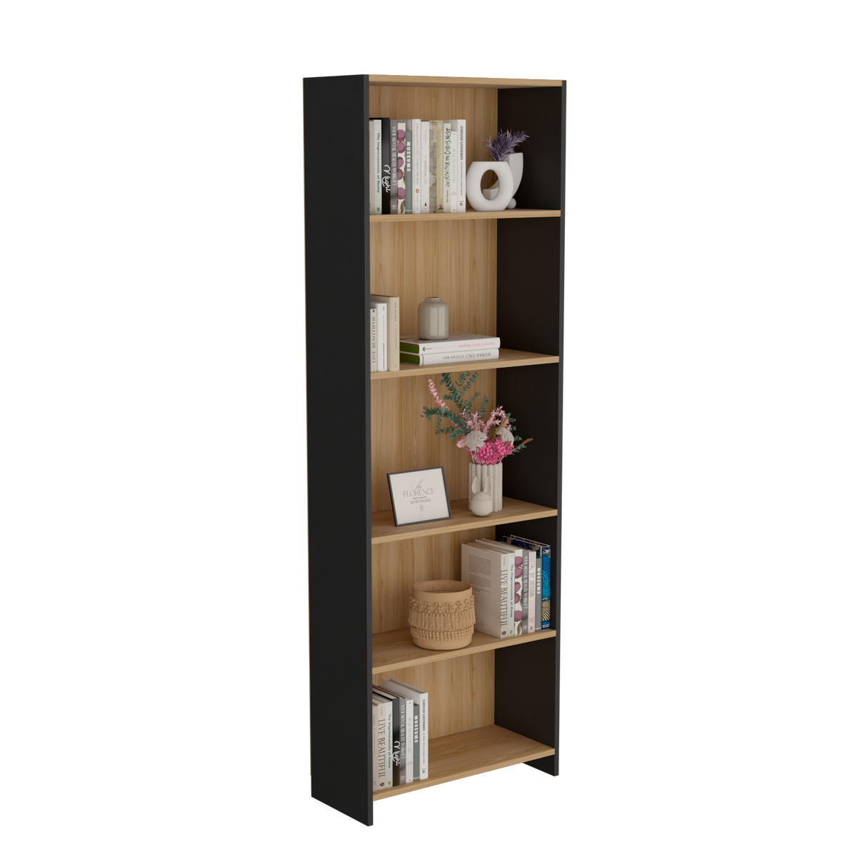 Biblioteca Lisa Fresno y Wengue 63x180.6cm Rectangular con Cinco Compartimientos y con Cuatro Entrepaños - BIBLIOTECAS Y ESTANTERIAS | Bylmo