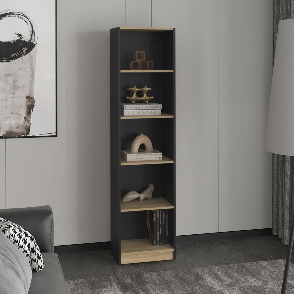 Estantería Home Wengue y Fresno 45x180.6cm Rectangular con Cinco Compartimientos y con Cuatro Entrepaños - BIBLIOTECAS Y ESTANTERIAS | Bylmo