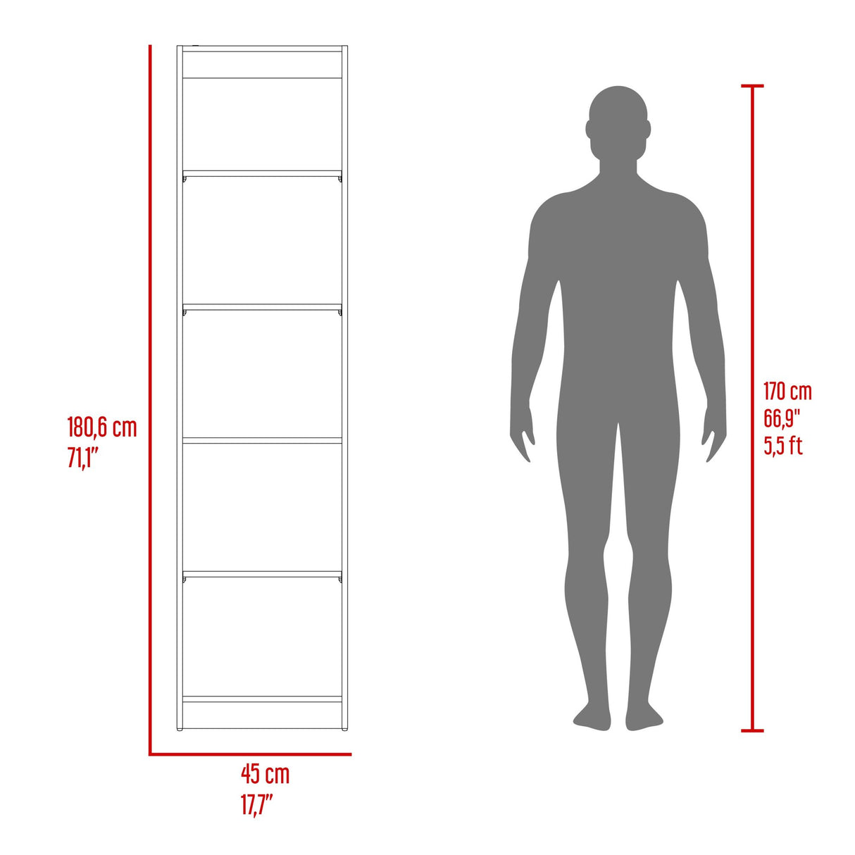 Estantería Home Wengue y Fresno 45x180.6cm Rectangular con Cinco Compartimientos y con Cuatro Entrepaños - BIBLIOTECAS Y ESTANTERIAS | Bylmo
