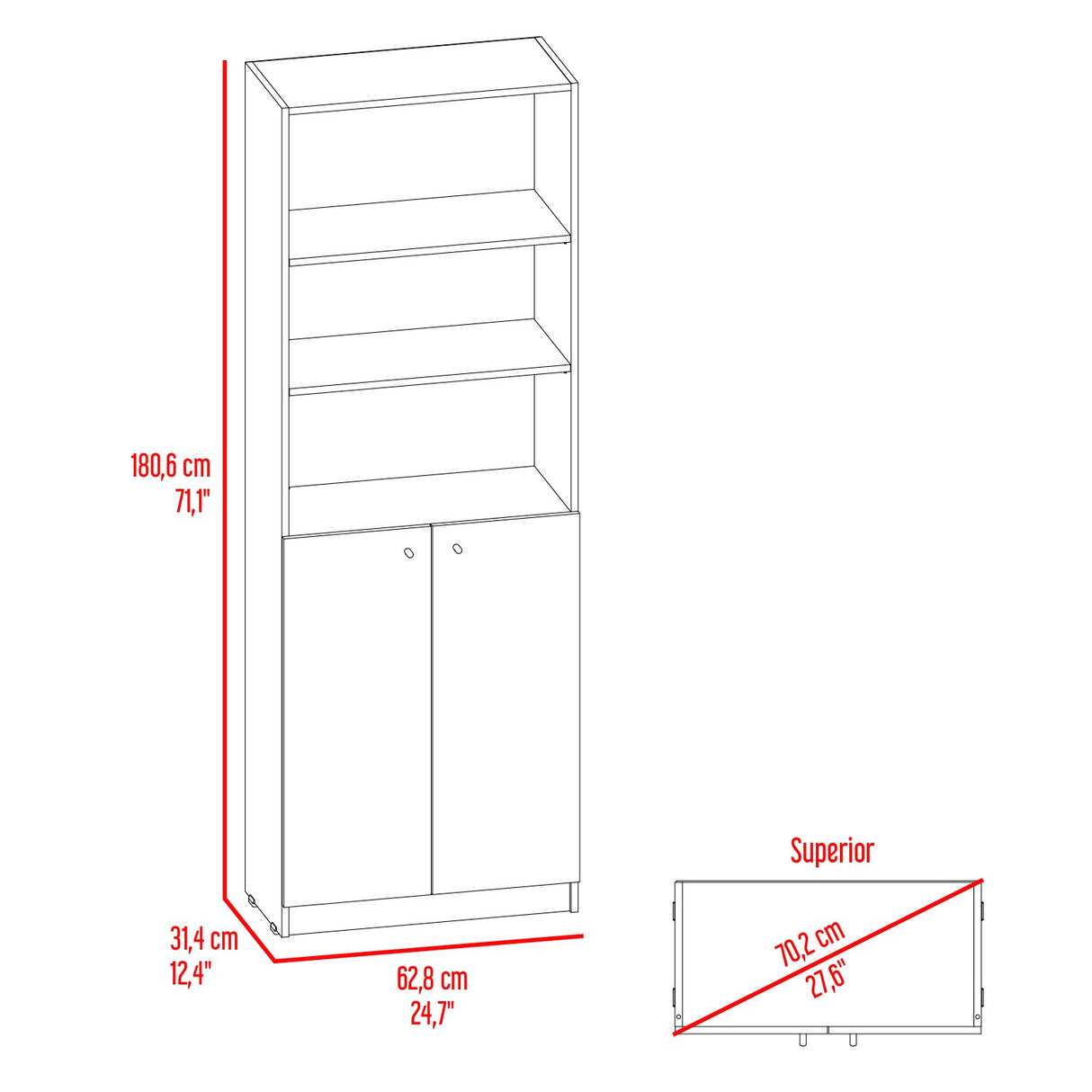 Estantería Home Wengue y Fresno 62.8x180.6cm Rectangular con Dos Puertas con Cinco Compartimientos y con Cuatro Entrepaños - BIBLIOTECAS Y ESTANTERIAS | Bylmo