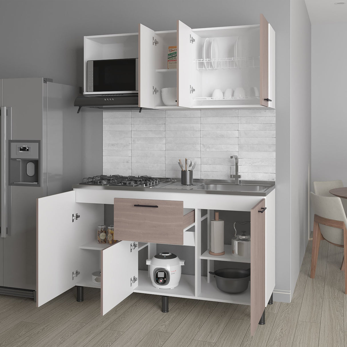 Cocina Paoli Bardolino y Blanco 150x60cm con Mesón de Acero Inoxidable y con Pozuelo Lado Derecho - COCINAS | Bylmo