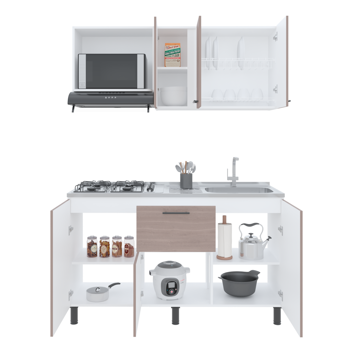 Cocina Paoli Bardolino y Blanco 150x60cm con Mesón de Acero Inoxidable y con Pozuelo Lado Derecho - COCINAS | Bylmo