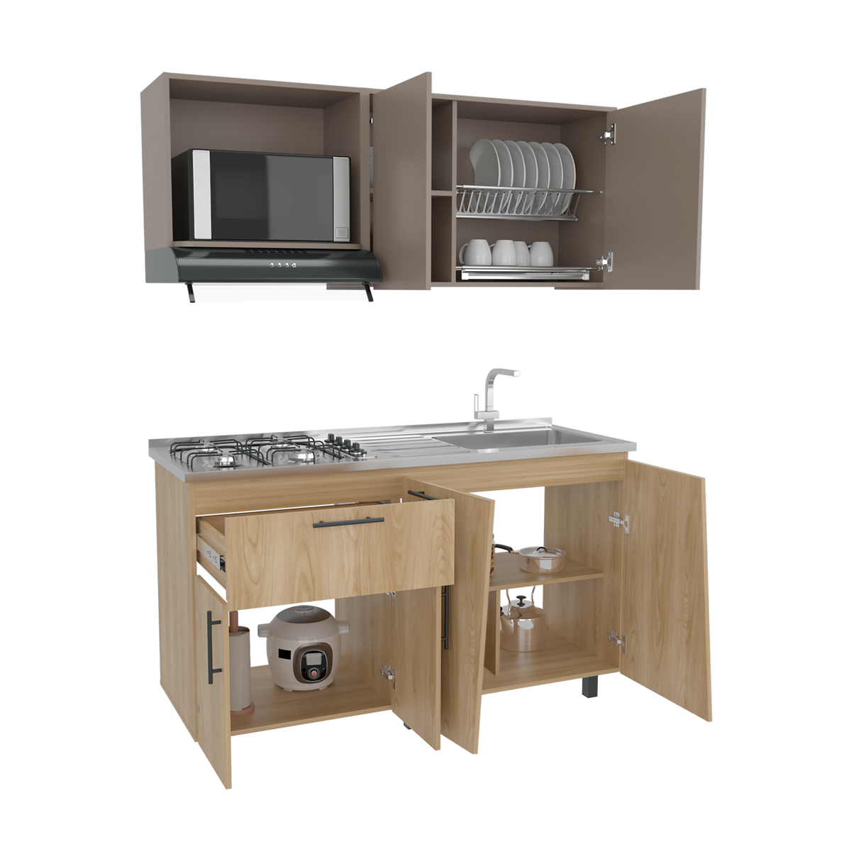 Cocina Emilia Fresno y Taupe 150x60.1cm con Mesón de Acero Inoxidable y con Pozuelo Lado Derecho - COCINAS | Bylmo