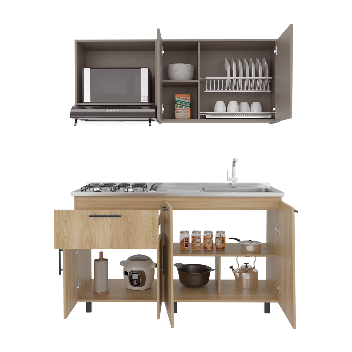 Cocina Emilia Fresno y Taupe 150x60.1cm con Mesón de Acero Inoxidable y con Pozuelo Lado Derecho - COCINAS | Bylmo