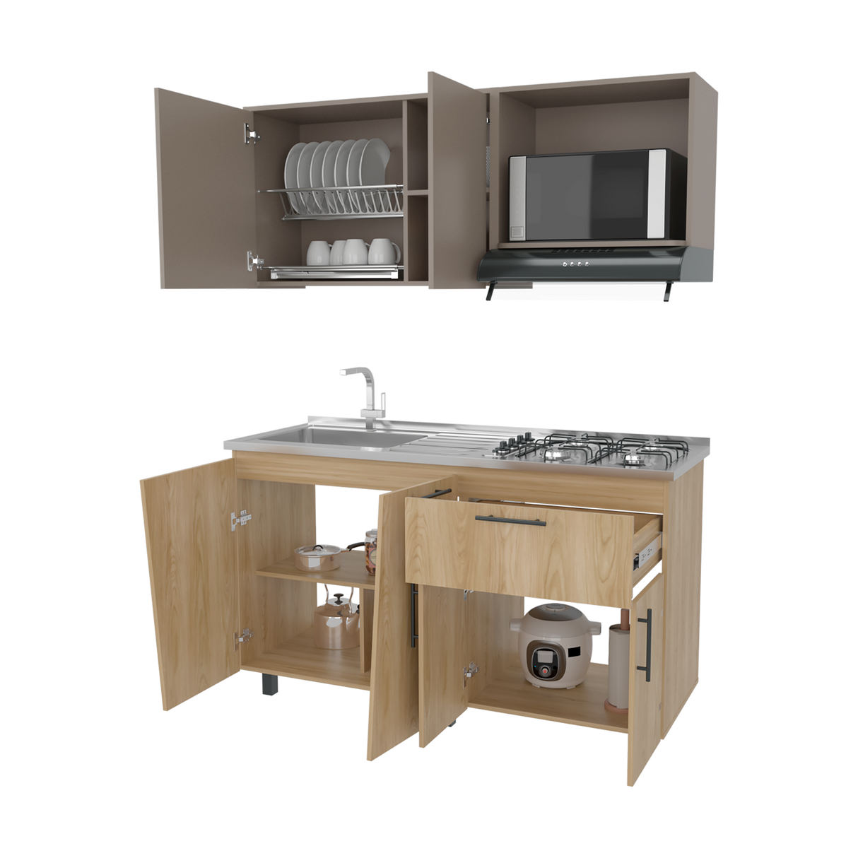 Cocina Emilia Fresno y Taupe 150x60.1cm con Mesón de Acero Inoxidable y con Pozuelo Lado Izquierdo - COCINAS | Bylmo