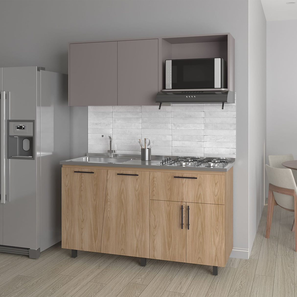 Cocina Emilia Fresno y Taupe 150x60.1cm con Mesón de Acero Inoxidable y con Pozuelo Lado Izquierdo - COCINAS | Bylmo