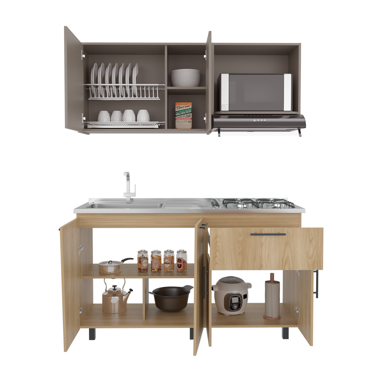 Cocina Emilia Fresno y Taupe 150x60.1cm con Mesón de Acero Inoxidable y con Pozuelo Lado Izquierdo - COCINAS | Bylmo