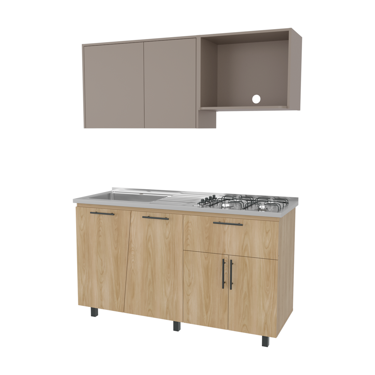 Cocina Emilia Fresno y Taupe 150x60.1cm con Mesón de Acero Inoxidable y con Pozuelo Lado Izquierdo - COCINAS | Bylmo