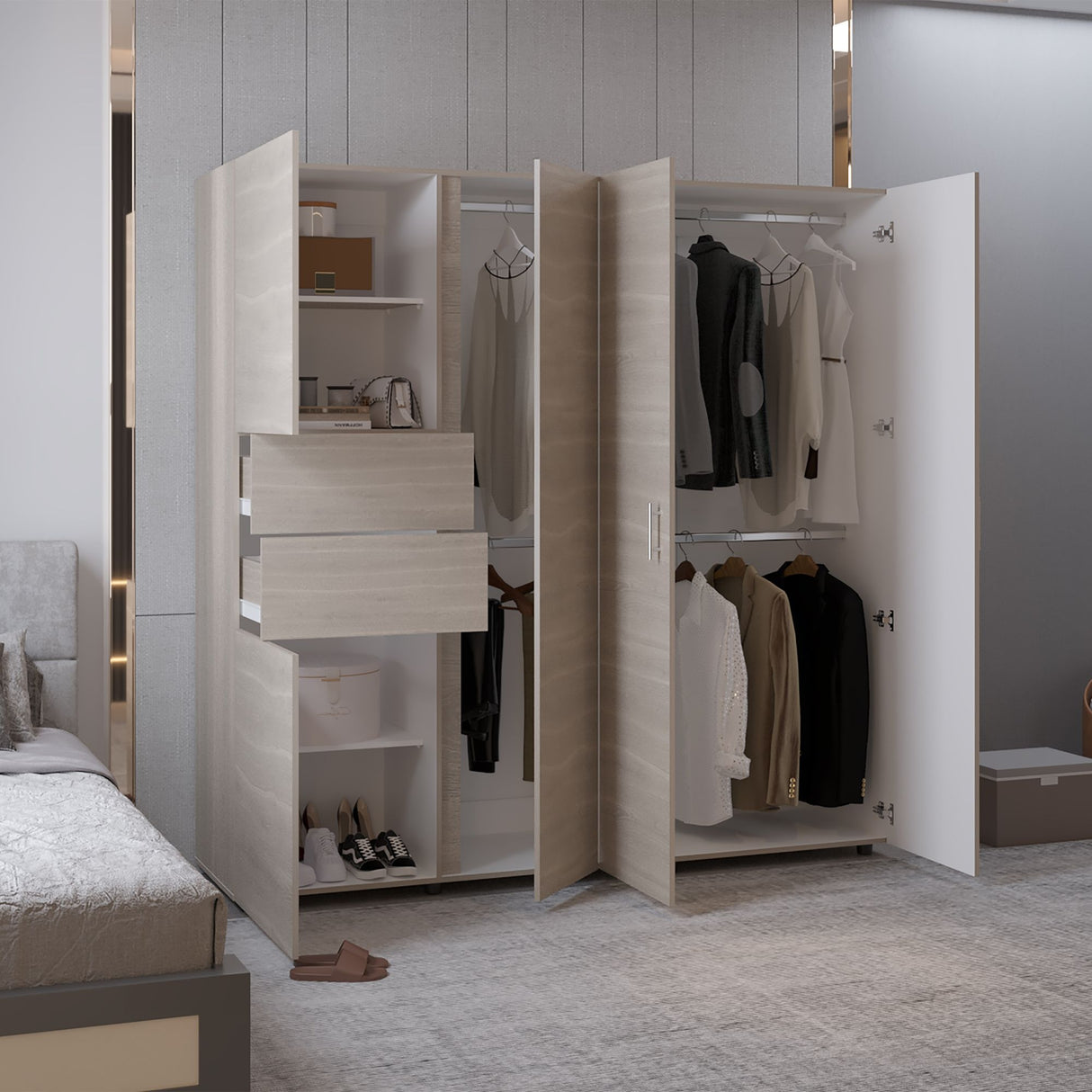 Closet Antalya Bardolino y Blanco 200.1x200cm con Diez Compartimientos y con Cinco Puertas - CLOSETS | Bylmo