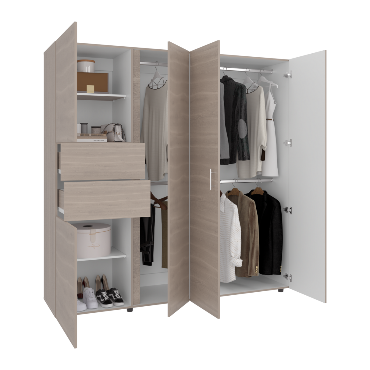 Closet Antalya Bardolino y Blanco 200.1x200cm con Diez Compartimientos y con Cinco Puertas - CLOSETS | Bylmo