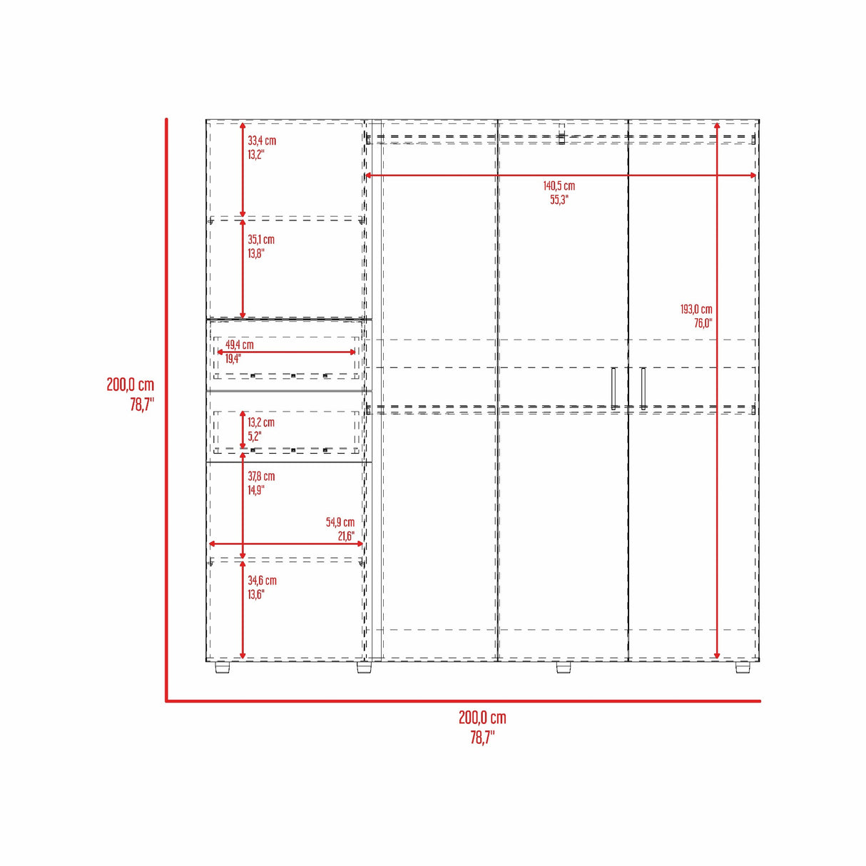 Closet Antalya Bardolino y Blanco 200.1x200cm con Diez Compartimientos y con Cinco Puertas - CLOSETS | Bylmo