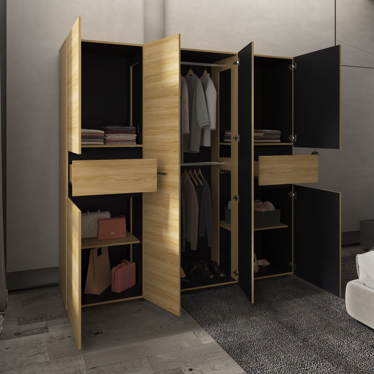Closet Berino Fresno y Wengue 200x200cm con Diez Compartimientos y con Seis Puertas - CLOSETS | Bylmo