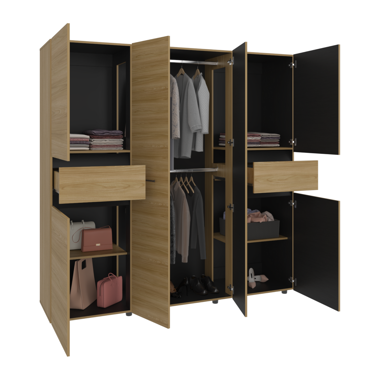 Closet Berino Fresno y Wengue 200x200cm con Diez Compartimientos y con Seis Puertas - CLOSETS | Bylmo