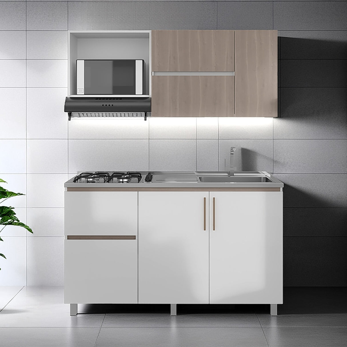 Cocina Florence Blanco y Bardolino 150x60cm con Mesón de Acero Inoxidable Pozuelo Lado Derecho y con Estufa - COCINAS | Bylmo