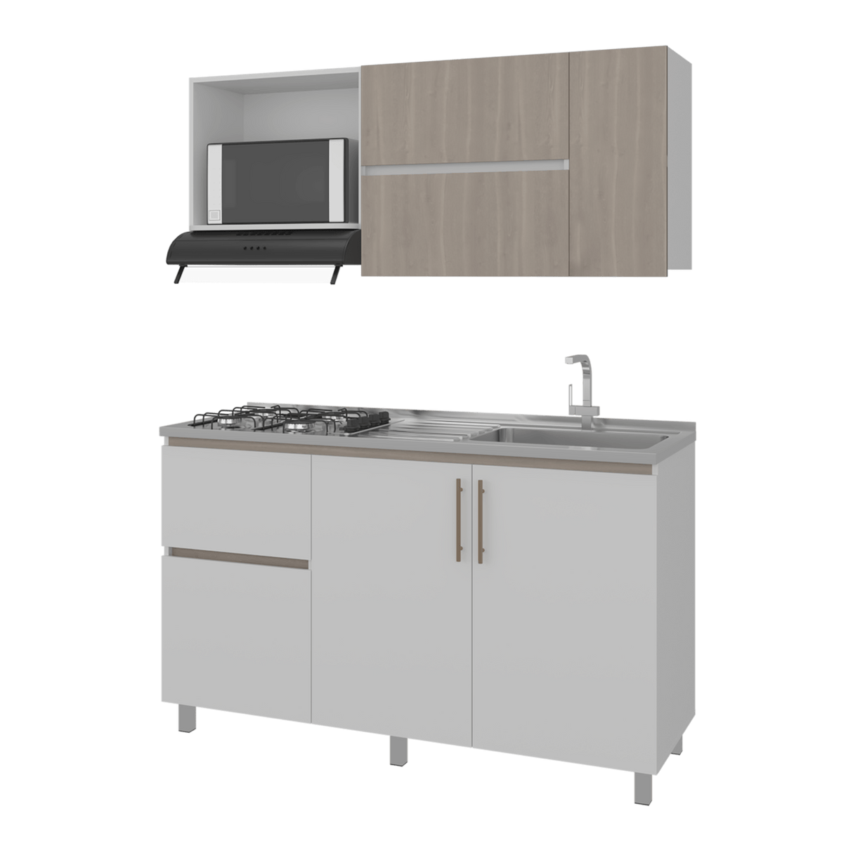 Cocina Florence Blanco y Bardolino 150x60cm con Mesón de Acero Inoxidable Pozuelo Lado Derecho y con Estufa - COCINAS | Bylmo