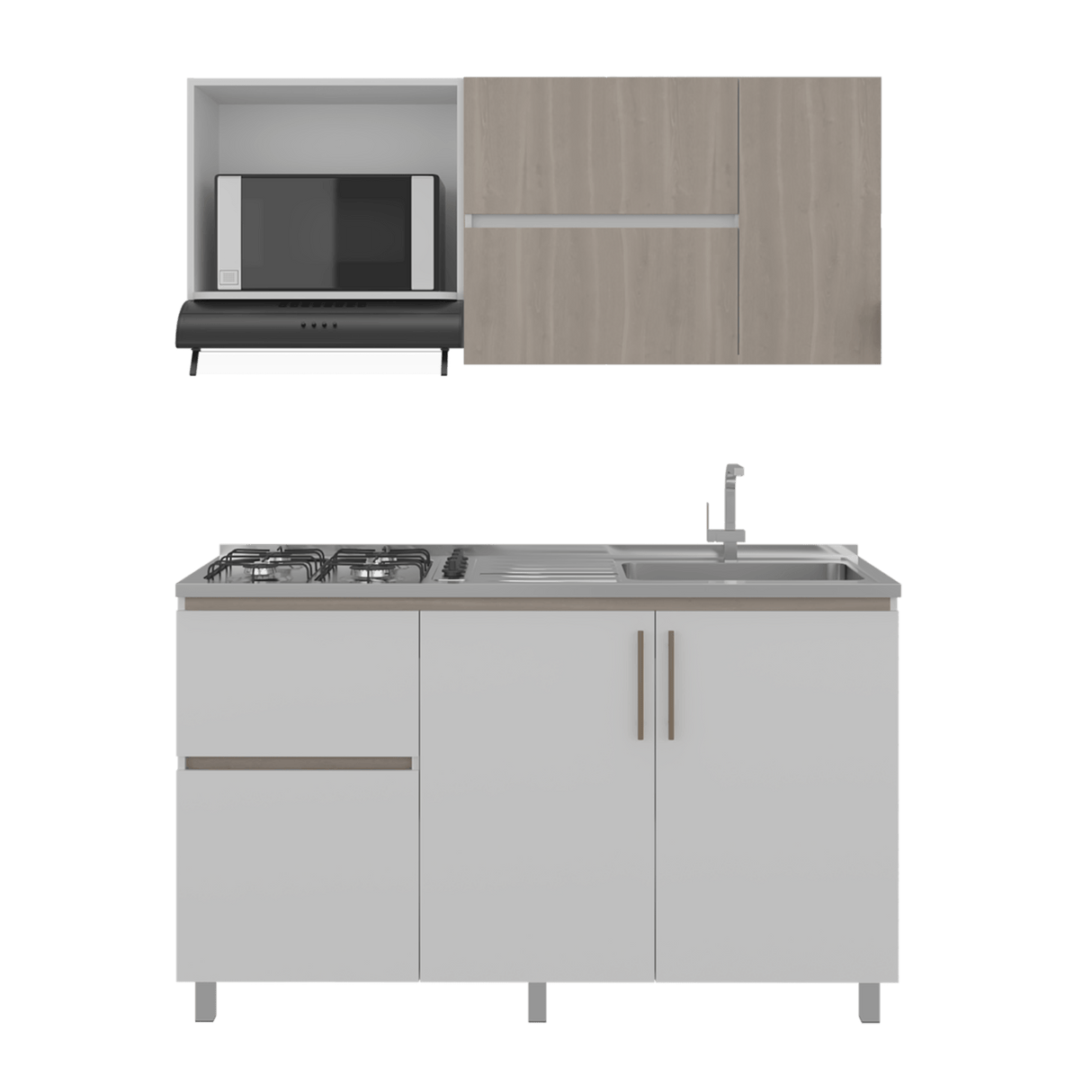 Cocina Florence Blanco y Bardolino 150x60cm con Mesón de Acero Inoxidable Pozuelo Lado Derecho y con Estufa - COCINAS | Bylmo